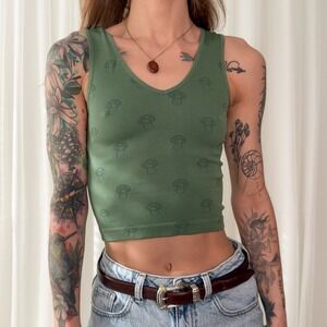 Rue21 Green Mushroom Tank Top Y2K Graphic Cropped Tank Soft Stretch Size S